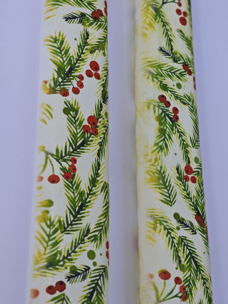 Set of  2 Taper Candles Christmas Pine Needles and Berries