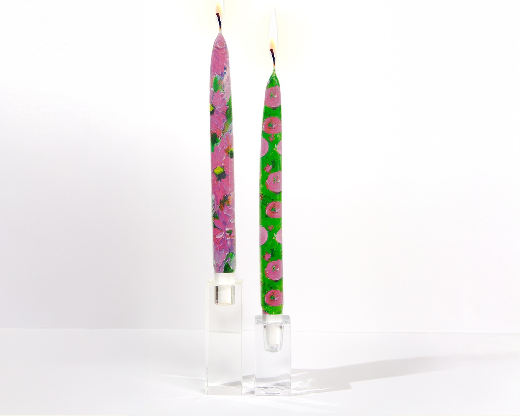Pink and green abstract Flowers - Set of  2 Taper Candles